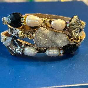 Suzy T Designs White Drusy Quartz Pearl Crystal Stone Snakeskin Leather Bracelet